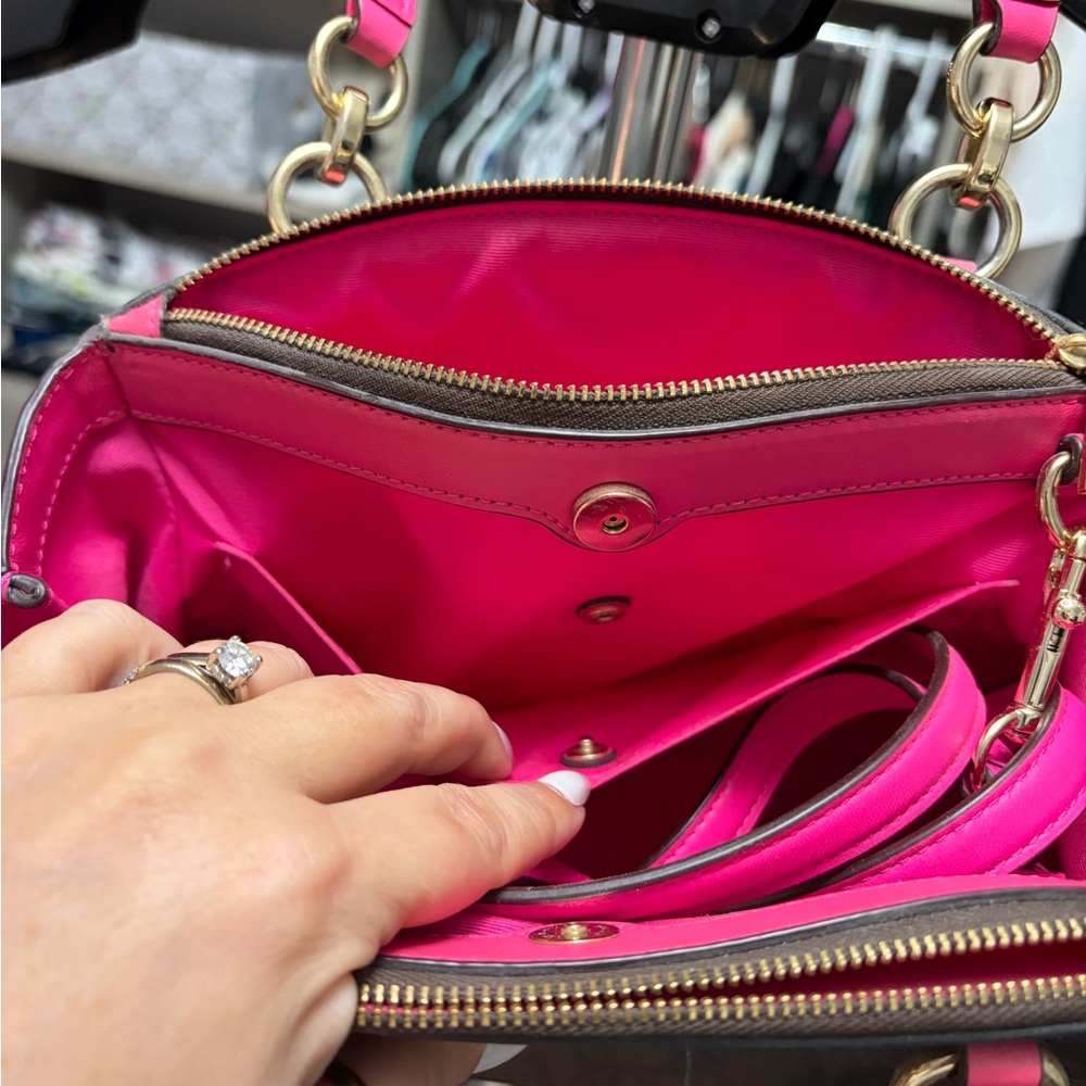 Coach Brown Signature Satchel with Bright Pink Trim - Picture 5 of 9